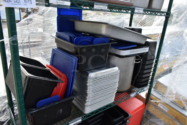 Green Finish 4 Tier Wire Shelving Unit w/ Contents Including Drop In Bins. BUYER MUST DISMANTLE. PCI CANNOT DISMANTLE FOR SHIPPING. PLEASE CONSIDER FREIGHT CHARGES. - Image 3 of 4