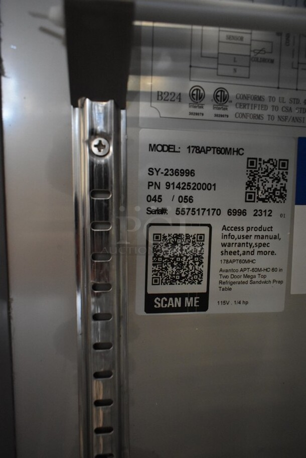 BRAND NEW SCRATCH AND DENT! 2023 Avantco 178APT60MHC Stainless Steel Commercial Sandwich Salad Prep Table Bain Marie Mega Top. 115 Volts, 1 Phase. Tested and Working! - Image 7 of 7