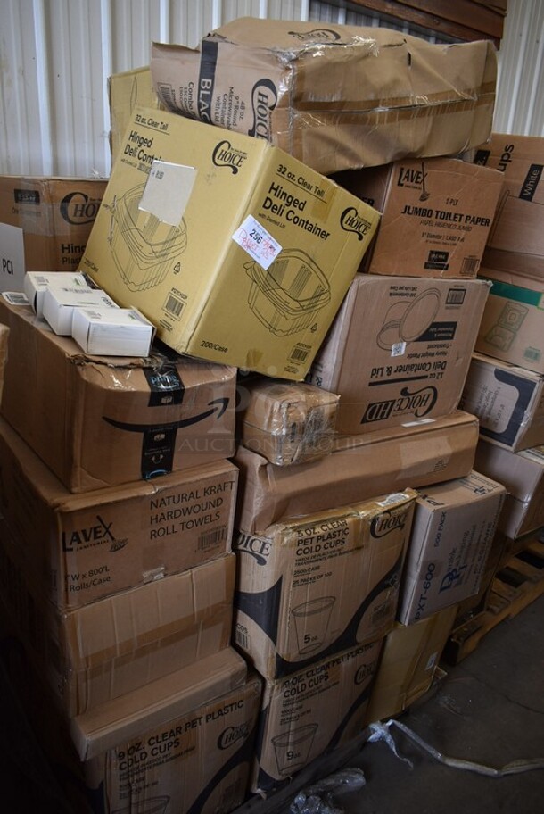 PALLET LOT of 25 BRAND NEW! Boxes Including Regency 600DB35 Regency 3 1/2" Basket Drain with Strainer - 1 1/2" IPS, 127CH16 Choice 16 oz. Clear RPET Hinged Deli Container - 200/Case, 127CH32F Choice 32 oz. Clear RPET Tall Hinged Deli Container with Domed Lid - 200/Case, Lavex Jumbo Toilet Paper, 128HD12COMBO ChoiceHD 12 oz. Microwavable Translucent Plastic Deli Container and Lid Combo Pack - 240/Case, 500CC9 Choice 9 oz. Clear PET Customizable Plastic Squat Cold Cup - 1000/Case, 500CC05 Choice 5 oz. Clear PET Plastic Cold Cup - 2500/Case, DPI 6" Square Clear Hinged Lid Containers, 612FHL1230 Choice Foil Steam Table Pan Lid - Half Size - 100/Case. 25 Times Your Bid! - Image 1 of 11