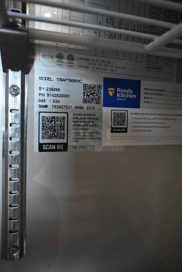 BRAND NEW SCRATCH AND DENT! 2023 Avantco 178APT60MHC Stainless Steel Commercial Sandwich Salad Prep Table Bain Marie Mega Top. 115 Volts, 1 Phase. Tested and Working! - Image 8 of 8