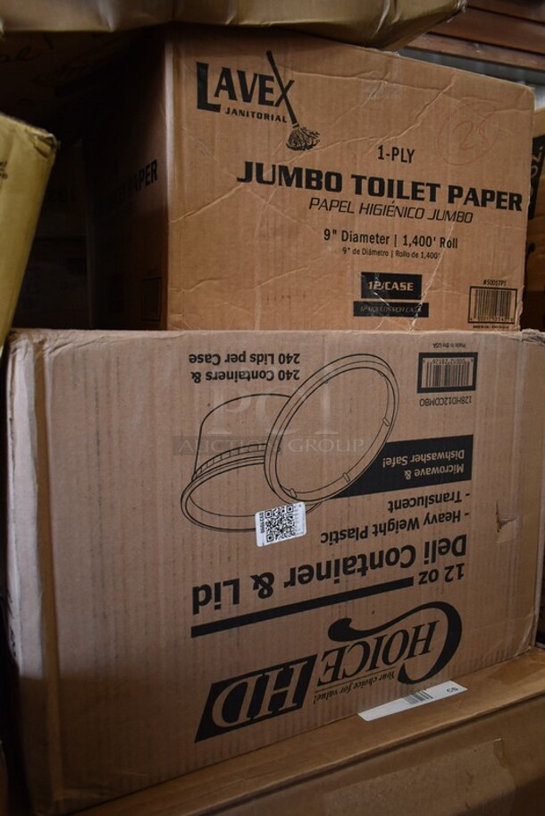 PALLET LOT of 25 BRAND NEW! Boxes Including Regency 600DB35 Regency 3 1/2" Basket Drain with Strainer - 1 1/2" IPS, 127CH16 Choice 16 oz. Clear RPET Hinged Deli Container - 200/Case, 127CH32F Choice 32 oz. Clear RPET Tall Hinged Deli Container with Domed Lid - 200/Case, Lavex Jumbo Toilet Paper, 128HD12COMBO ChoiceHD 12 oz. Microwavable Translucent Plastic Deli Container and Lid Combo Pack - 240/Case, 500CC9 Choice 9 oz. Clear PET Customizable Plastic Squat Cold Cup - 1000/Case, 500CC05 Choice 5 oz. Clear PET Plastic Cold Cup - 2500/Case, DPI 6" Square Clear Hinged Lid Containers, 612FHL1230 Choice Foil Steam Table Pan Lid - Half Size - 100/Case. 25 Times Your Bid! - Image 8 of 11