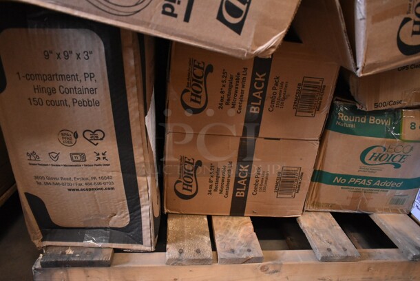PALLET LOT of 30 BRAND NEW! Boxes Including 2 Box 129MCS24B Choice 24 oz. Black Rectangular Microwavable Heavy Weight Container with Lid 8" x 5 1/4" x 2" - 150/Case, 395RB08FF EcoChoice Sugarcane Containers, 130BKFSNS Visions Heavy Weight Black Wrapped Plastic Cutlery Pack with Napkin and Salt and Pepper Packets - 500/Case, 500CFT C-fold Towels, 795PTOKFT8 Choice Kraft Microwavable Folded Paper #8 Take-Out Container 6" x 4 5/8" x 2 1/2" - 300/Case, 395TO991 EcoChoice 9" x 9" x 3" Compostable Sugarcane / Bagasse 1 Compartment Take-Out Box - 200/Case, 128HDLDBULK ChoiceHD Microwavable Translucent Plastic Deli Container Lid - 480/Case, Hairnet Cap, 9542DL500B9 Dixie Hot Cup Lids. 30 Times Your Bid! - Image 2 of 12