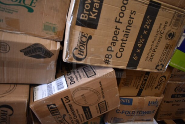 PALLET LOT of 30 BRAND NEW! Boxes Including 2 Box 129MCS24B Choice 24 oz. Black Rectangular Microwavable Heavy Weight Container with Lid 8" x 5 1/4" x 2" - 150/Case, 395RB08FF EcoChoice Sugarcane Containers, 130BKFSNS Visions Heavy Weight Black Wrapped Plastic Cutlery Pack with Napkin and Salt and Pepper Packets - 500/Case, 500CFT C-fold Towels, 795PTOKFT8 Choice Kraft Microwavable Folded Paper #8 Take-Out Container 6" x 4 5/8" x 2 1/2" - 300/Case, 395TO991 EcoChoice 9" x 9" x 3" Compostable Sugarcane / Bagasse 1 Compartment Take-Out Box - 200/Case, 128HDLDBULK ChoiceHD Microwavable Translucent Plastic Deli Container Lid - 480/Case, Hairnet Cap, 9542DL500B9 Dixie Hot Cup Lids. 30 Times Your Bid! - Image 4 of 12