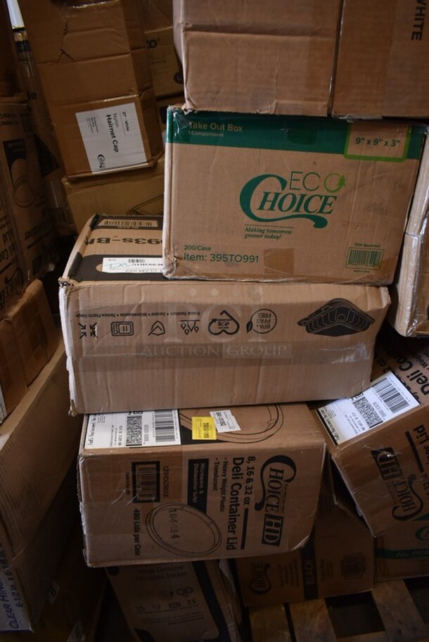 PALLET LOT of 30 BRAND NEW! Boxes Including 2 Box 129MCS24B Choice 24 oz. Black Rectangular Microwavable Heavy Weight Container with Lid 8" x 5 1/4" x 2" - 150/Case, 395RB08FF EcoChoice Sugarcane Containers, 130BKFSNS Visions Heavy Weight Black Wrapped Plastic Cutlery Pack with Napkin and Salt and Pepper Packets - 500/Case, 500CFT C-fold Towels, 795PTOKFT8 Choice Kraft Microwavable Folded Paper #8 Take-Out Container 6" x 4 5/8" x 2 1/2" - 300/Case, 395TO991 EcoChoice 9" x 9" x 3" Compostable Sugarcane / Bagasse 1 Compartment Take-Out Box - 200/Case, 128HDLDBULK ChoiceHD Microwavable Translucent Plastic Deli Container Lid - 480/Case, Hairnet Cap, 9542DL500B9 Dixie Hot Cup Lids. 30 Times Your Bid! - Image 5 of 12