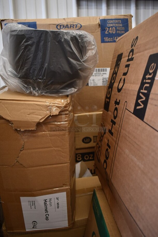 PALLET LOT of 30 BRAND NEW! Boxes Including 2 Box 129MCS24B Choice 24 oz. Black Rectangular Microwavable Heavy Weight Container with Lid 8" x 5 1/4" x 2" - 150/Case, 395RB08FF EcoChoice Sugarcane Containers, 130BKFSNS Visions Heavy Weight Black Wrapped Plastic Cutlery Pack with Napkin and Salt and Pepper Packets - 500/Case, 500CFT C-fold Towels, 795PTOKFT8 Choice Kraft Microwavable Folded Paper #8 Take-Out Container 6" x 4 5/8" x 2 1/2" - 300/Case, 395TO991 EcoChoice 9" x 9" x 3" Compostable Sugarcane / Bagasse 1 Compartment Take-Out Box - 200/Case, 128HDLDBULK ChoiceHD Microwavable Translucent Plastic Deli Container Lid - 480/Case, Hairnet Cap, 9542DL500B9 Dixie Hot Cup Lids. 30 Times Your Bid! - Image 6 of 12