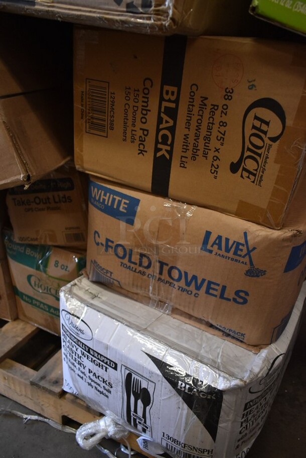 PALLET LOT of 30 BRAND NEW! Boxes Including 2 Box 129MCS24B Choice 24 oz. Black Rectangular Microwavable Heavy Weight Container with Lid 8" x 5 1/4" x 2" - 150/Case, 395RB08FF EcoChoice Sugarcane Containers, 130BKFSNS Visions Heavy Weight Black Wrapped Plastic Cutlery Pack with Napkin and Salt and Pepper Packets - 500/Case, 500CFT C-fold Towels, 795PTOKFT8 Choice Kraft Microwavable Folded Paper #8 Take-Out Container 6" x 4 5/8" x 2 1/2" - 300/Case, 395TO991 EcoChoice 9" x 9" x 3" Compostable Sugarcane / Bagasse 1 Compartment Take-Out Box - 200/Case, 128HDLDBULK ChoiceHD Microwavable Translucent Plastic Deli Container Lid - 480/Case, Hairnet Cap, 9542DL500B9 Dixie Hot Cup Lids. 30 Times Your Bid! - Image 7 of 12