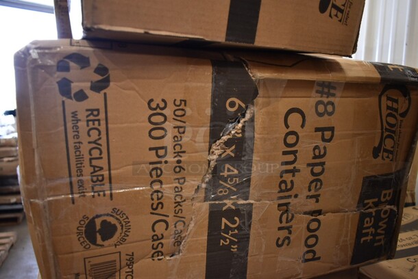 PALLET LOT of 30 BRAND NEW! Boxes Including 2 Box 129MCS24B Choice 24 oz. Black Rectangular Microwavable Heavy Weight Container with Lid 8" x 5 1/4" x 2" - 150/Case, 395RB08FF EcoChoice Sugarcane Containers, 130BKFSNS Visions Heavy Weight Black Wrapped Plastic Cutlery Pack with Napkin and Salt and Pepper Packets - 500/Case, 500CFT C-fold Towels, 795PTOKFT8 Choice Kraft Microwavable Folded Paper #8 Take-Out Container 6" x 4 5/8" x 2 1/2" - 300/Case, 395TO991 EcoChoice 9" x 9" x 3" Compostable Sugarcane / Bagasse 1 Compartment Take-Out Box - 200/Case, 128HDLDBULK ChoiceHD Microwavable Translucent Plastic Deli Container Lid - 480/Case, Hairnet Cap, 9542DL500B9 Dixie Hot Cup Lids. 30 Times Your Bid! - Image 9 of 12
