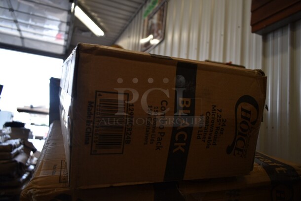 PALLET LOT of 30 BRAND NEW! Boxes Including 2 Box 129MCS24B Choice 24 oz. Black Rectangular Microwavable Heavy Weight Container with Lid 8" x 5 1/4" x 2" - 150/Case, 395RB08FF EcoChoice Sugarcane Containers, 130BKFSNS Visions Heavy Weight Black Wrapped Plastic Cutlery Pack with Napkin and Salt and Pepper Packets - 500/Case, 500CFT C-fold Towels, 795PTOKFT8 Choice Kraft Microwavable Folded Paper #8 Take-Out Container 6" x 4 5/8" x 2 1/2" - 300/Case, 395TO991 EcoChoice 9" x 9" x 3" Compostable Sugarcane / Bagasse 1 Compartment Take-Out Box - 200/Case, 128HDLDBULK ChoiceHD Microwavable Translucent Plastic Deli Container Lid - 480/Case, Hairnet Cap, 9542DL500B9 Dixie Hot Cup Lids. 30 Times Your Bid! - Image 10 of 12