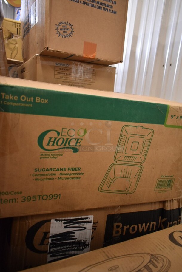 PALLET LOT of 30 BRAND NEW! Boxes Including 2 Box 129MCS24B Choice 24 oz. Black Rectangular Microwavable Heavy Weight Container with Lid 8" x 5 1/4" x 2" - 150/Case, 395RB08FF EcoChoice Sugarcane Containers, 130BKFSNS Visions Heavy Weight Black Wrapped Plastic Cutlery Pack with Napkin and Salt and Pepper Packets - 500/Case, 500CFT C-fold Towels, 795PTOKFT8 Choice Kraft Microwavable Folded Paper #8 Take-Out Container 6" x 4 5/8" x 2 1/2" - 300/Case, 395TO991 EcoChoice 9" x 9" x 3" Compostable Sugarcane / Bagasse 1 Compartment Take-Out Box - 200/Case, 128HDLDBULK ChoiceHD Microwavable Translucent Plastic Deli Container Lid - 480/Case, Hairnet Cap, 9542DL500B9 Dixie Hot Cup Lids. 30 Times Your Bid! - Image 12 of 12