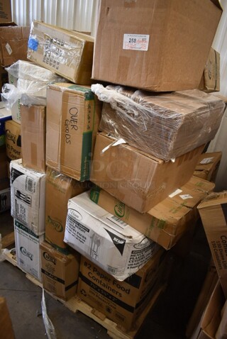 PALLET LOT of 28 BRAND NEW! Boxes Including 2 Box 795PTOKFT2 Choice 7 3/4" x 5 1/2" x 2" Kraft Microwavable Folded Paper #2 Take-Out Container - 200/Case, 127P400C Choice 4 oz. Clear Plastic Souffle Cup / Portion Cup - 2500/Case, 130BGKFSNSPH Visions Heavy Weight Beige Wrapped Plastic Cutlery Pack with Napkin and Salt and Pepper Packets - 500/Case, 395RP09 EcoChoice Compostable Sugarcane / Bagasse 9" Plate - 500/Case, Spoodles, Taco Shell Fry Baskets, 126MF883W1C Ecopax 8" x 8" 1-Compartment Microwaveable White Mineral-Filled Plastic Hinged Take-Out Container - 150/Case, 129MCS28BChoice 28 oz. Black Rectangular Microwavable Heavy Weight Container with Lid 8 3/4" x 6 1/4" x 1 3/4" - 150/Case, 5002DNAP Choice 15" x 17" White 3-Ply Dinner Napkin - 2000/Case, 130BKFSNSPH Visions Heavy Weight Black Wrapped Plastic Cutlery Pack with Napkin and Salt and Pepper Packets - 500/Case, 395RP10C EcoChoice Compostable Sugarcane / Bagasse 10" Plate 3 Compartment - 500/Case, 5008W Choice 8 oz. Tall White Poly Paper Hot Cup - 1000/Case. 28 Times Your Bid!
