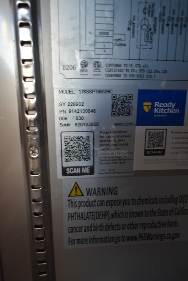 BRAND NEW SCRATCH AND DENT! 2023 Avantco 178SSPT60MHC Stainless Steel Commercial Sandwich Salad Prep Table Bain Marie Mega Top on Commercial Casters. 115 Volts, 1 Phase. Tested and Working! - Image 8 of 8