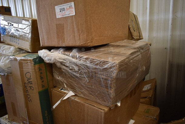 PALLET LOT of 28 BRAND NEW! Boxes Including 2 Box 795PTOKFT2 Choice 7 3/4" x 5 1/2" x 2" Kraft Microwavable Folded Paper #2 Take-Out Container - 200/Case, 127P400C Choice 4 oz. Clear Plastic Souffle Cup / Portion Cup - 2500/Case, 130BGKFSNSPH Visions Heavy Weight Beige Wrapped Plastic Cutlery Pack with Napkin and Salt and Pepper Packets - 500/Case, 395RP09 EcoChoice Compostable Sugarcane / Bagasse 9" Plate - 500/Case, Spoodles, Taco Shell Fry Baskets, 126MF883W1C Ecopax 8" x 8" 1-Compartment Microwaveable White Mineral-Filled Plastic Hinged Take-Out Container - 150/Case, 129MCS28BChoice 28 oz. Black Rectangular Microwavable Heavy Weight Container with Lid 8 3/4" x 6 1/4" x 1 3/4" - 150/Case, 5002DNAP Choice 15" x 17" White 3-Ply Dinner Napkin - 2000/Case, 130BKFSNSPH Visions Heavy Weight Black Wrapped Plastic Cutlery Pack with Napkin and Salt and Pepper Packets - 500/Case, 395RP10C EcoChoice Compostable Sugarcane / Bagasse 10" Plate 3 Compartment - 500/Case, 5008W Choice 8 oz. Tall White Poly Paper Hot Cup - 1000/Case. 28 Times Your Bid! - Image 4 of 12