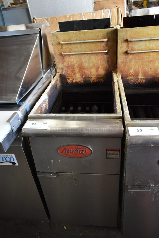 2022 Avantco FF400-N Stainless Steel Commercial Floor Style Natural Gas Powered Deep Fat Fryer. 120,000 BTU.  - Image 1 of 5
