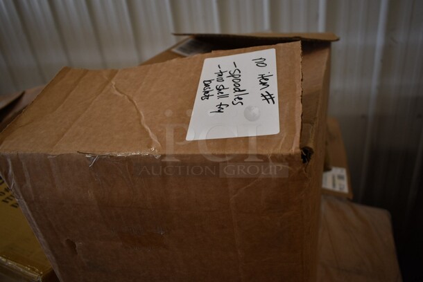 PALLET LOT of 28 BRAND NEW! Boxes Including 2 Box 795PTOKFT2 Choice 7 3/4" x 5 1/2" x 2" Kraft Microwavable Folded Paper #2 Take-Out Container - 200/Case, 127P400C Choice 4 oz. Clear Plastic Souffle Cup / Portion Cup - 2500/Case, 130BGKFSNSPH Visions Heavy Weight Beige Wrapped Plastic Cutlery Pack with Napkin and Salt and Pepper Packets - 500/Case, 395RP09 EcoChoice Compostable Sugarcane / Bagasse 9" Plate - 500/Case, Spoodles, Taco Shell Fry Baskets, 126MF883W1C Ecopax 8" x 8" 1-Compartment Microwaveable White Mineral-Filled Plastic Hinged Take-Out Container - 150/Case, 129MCS28BChoice 28 oz. Black Rectangular Microwavable Heavy Weight Container with Lid 8 3/4" x 6 1/4" x 1 3/4" - 150/Case, 5002DNAP Choice 15" x 17" White 3-Ply Dinner Napkin - 2000/Case, 130BKFSNSPH Visions Heavy Weight Black Wrapped Plastic Cutlery Pack with Napkin and Salt and Pepper Packets - 500/Case, 395RP10C EcoChoice Compostable Sugarcane / Bagasse 10" Plate 3 Compartment - 500/Case, 5008W Choice 8 oz. Tall White Poly Paper Hot Cup - 1000/Case. 28 Times Your Bid! - Image 5 of 12