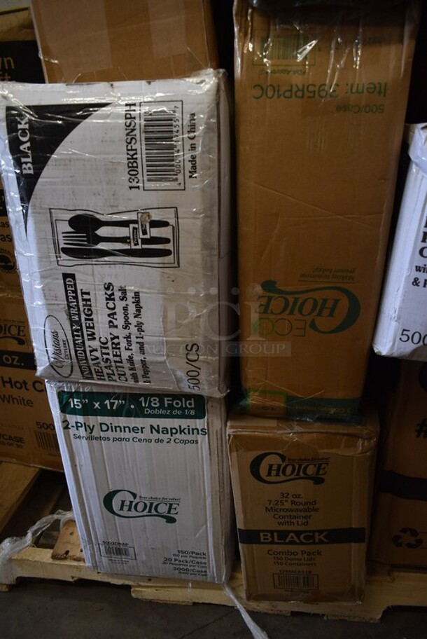 PALLET LOT of 28 BRAND NEW! Boxes Including 2 Box 795PTOKFT2 Choice 7 3/4" x 5 1/2" x 2" Kraft Microwavable Folded Paper #2 Take-Out Container - 200/Case, 127P400C Choice 4 oz. Clear Plastic Souffle Cup / Portion Cup - 2500/Case, 130BGKFSNSPH Visions Heavy Weight Beige Wrapped Plastic Cutlery Pack with Napkin and Salt and Pepper Packets - 500/Case, 395RP09 EcoChoice Compostable Sugarcane / Bagasse 9" Plate - 500/Case, Spoodles, Taco Shell Fry Baskets, 126MF883W1C Ecopax 8" x 8" 1-Compartment Microwaveable White Mineral-Filled Plastic Hinged Take-Out Container - 150/Case, 129MCS28BChoice 28 oz. Black Rectangular Microwavable Heavy Weight Container with Lid 8 3/4" x 6 1/4" x 1 3/4" - 150/Case, 5002DNAP Choice 15" x 17" White 3-Ply Dinner Napkin - 2000/Case, 130BKFSNSPH Visions Heavy Weight Black Wrapped Plastic Cutlery Pack with Napkin and Salt and Pepper Packets - 500/Case, 395RP10C EcoChoice Compostable Sugarcane / Bagasse 10" Plate 3 Compartment - 500/Case, 5008W Choice 8 oz. Tall White Poly Paper Hot Cup - 1000/Case. 28 Times Your Bid! - Image 8 of 12