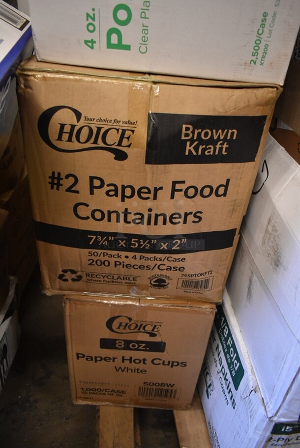 PALLET LOT of 28 BRAND NEW! Boxes Including 2 Box 795PTOKFT2 Choice 7 3/4" x 5 1/2" x 2" Kraft Microwavable Folded Paper #2 Take-Out Container - 200/Case, 127P400C Choice 4 oz. Clear Plastic Souffle Cup / Portion Cup - 2500/Case, 130BGKFSNSPH Visions Heavy Weight Beige Wrapped Plastic Cutlery Pack with Napkin and Salt and Pepper Packets - 500/Case, 395RP09 EcoChoice Compostable Sugarcane / Bagasse 9" Plate - 500/Case, Spoodles, Taco Shell Fry Baskets, 126MF883W1C Ecopax 8" x 8" 1-Compartment Microwaveable White Mineral-Filled Plastic Hinged Take-Out Container - 150/Case, 129MCS28BChoice 28 oz. Black Rectangular Microwavable Heavy Weight Container with Lid 8 3/4" x 6 1/4" x 1 3/4" - 150/Case, 5002DNAP Choice 15" x 17" White 3-Ply Dinner Napkin - 2000/Case, 130BKFSNSPH Visions Heavy Weight Black Wrapped Plastic Cutlery Pack with Napkin and Salt and Pepper Packets - 500/Case, 395RP10C EcoChoice Compostable Sugarcane / Bagasse 10" Plate 3 Compartment - 500/Case, 5008W Choice 8 oz. Tall White Poly Paper Hot Cup - 1000/Case. 28 Times Your Bid! - Image 9 of 12