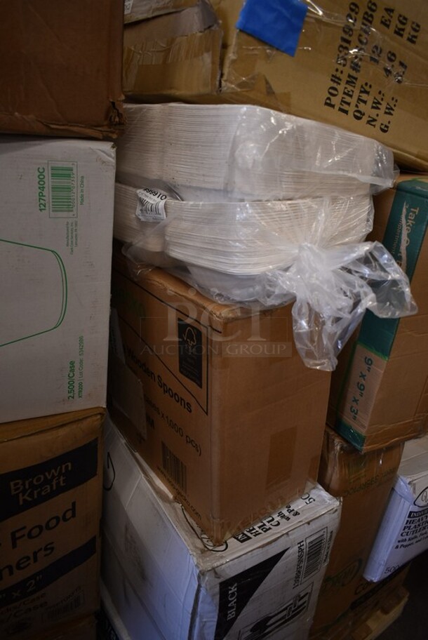 PALLET LOT of 28 BRAND NEW! Boxes Including 2 Box 795PTOKFT2 Choice 7 3/4" x 5 1/2" x 2" Kraft Microwavable Folded Paper #2 Take-Out Container - 200/Case, 127P400C Choice 4 oz. Clear Plastic Souffle Cup / Portion Cup - 2500/Case, 130BGKFSNSPH Visions Heavy Weight Beige Wrapped Plastic Cutlery Pack with Napkin and Salt and Pepper Packets - 500/Case, 395RP09 EcoChoice Compostable Sugarcane / Bagasse 9" Plate - 500/Case, Spoodles, Taco Shell Fry Baskets, 126MF883W1C Ecopax 8" x 8" 1-Compartment Microwaveable White Mineral-Filled Plastic Hinged Take-Out Container - 150/Case, 129MCS28BChoice 28 oz. Black Rectangular Microwavable Heavy Weight Container with Lid 8 3/4" x 6 1/4" x 1 3/4" - 150/Case, 5002DNAP Choice 15" x 17" White 3-Ply Dinner Napkin - 2000/Case, 130BKFSNSPH Visions Heavy Weight Black Wrapped Plastic Cutlery Pack with Napkin and Salt and Pepper Packets - 500/Case, 395RP10C EcoChoice Compostable Sugarcane / Bagasse 10" Plate 3 Compartment - 500/Case, 5008W Choice 8 oz. Tall White Poly Paper Hot Cup - 1000/Case. 28 Times Your Bid! - Image 11 of 12