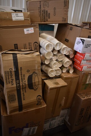 PALLET LOT of 43 BRAND NEW! Boxes Including 303FPR146BW Acopa 14" x 6 1/4" Rectangular Bright White Porcelain Flat Plate - 6/Case, 130HBKCUTTW Visions Individually Wrapped Black Heavy Weight Plastic Teaspoon - 1000/Case, 59204736 Amana HV/LV Board for SWA Series, 2 Box 795KFTL2PE Choice 2 oz. Round PET Take-Out Lid - 1000/Case, Lavex Multi Fold Towels, 2 Box 129MCR32B  ChoiceHD 8 oz. Microwavable Translucent Plastic Deli Container and Lid Combo Pack - 240/Case, 129MCS28B Choice 28 oz. Black Rectangular Microwavable Heavy Weight Container with Lid 8 3/4" x 6 1/4" x 1 3/4" - 150/Case, 6 Box 1306315STD Choice 6" x 3" x 15" 0.68 Mil Standard-Duty Plastic Food Bag - 1000/Box, Bakery Tissue, 2 Box 130APPFRK5GD Visions 5" Gold Plastic Tasting Fork - 400/Box, 2 Box 795KFTL2PE Choice 2 oz. Round PET Take-Out Lid - 1000/Case, 5008RIPKRFT EcoChoice 8 oz. Squat Double Wall Kraft Compostable Paper Hot Cup - 500/Case, 128HD8COMBO ChoiceHD 8 oz. Microwavable Translucent Plastic Deli Container and Lid Combo Pack - 240/Case.
43 Times Your Bid!