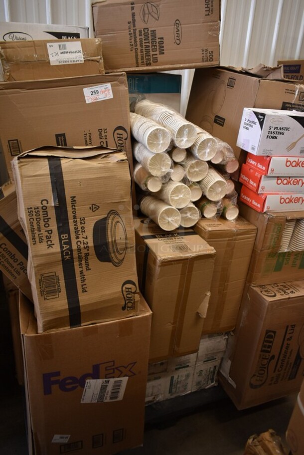 PALLET LOT of 43 BRAND NEW! Boxes Including 303FPR146BW Acopa 14" x 6 1/4" Rectangular Bright White Porcelain Flat Plate - 6/Case, 130HBKCUTTW Visions Individually Wrapped Black Heavy Weight Plastic Teaspoon - 1000/Case, 59204736 Amana HV/LV Board for SWA Series, 2 Box 795KFTL2PE Choice 2 oz. Round PET Take-Out Lid - 1000/Case, Lavex Multi Fold Towels, 2 Box 129MCR32B  ChoiceHD 8 oz. Microwavable Translucent Plastic Deli Container and Lid Combo Pack - 240/Case, 129MCS28B Choice 28 oz. Black Rectangular Microwavable Heavy Weight Container with Lid 8 3/4" x 6 1/4" x 1 3/4" - 150/Case, 6 Box 1306315STD Choice 6" x 3" x 15" 0.68 Mil Standard-Duty Plastic Food Bag - 1000/Box, Bakery Tissue, 2 Box 130APPFRK5GD Visions 5" Gold Plastic Tasting Fork - 400/Box, 2 Box 795KFTL2PE Choice 2 oz. Round PET Take-Out Lid - 1000/Case, 5008RIPKRFT EcoChoice 8 oz. Squat Double Wall Kraft Compostable Paper Hot Cup - 500/Case, 128HD8COMBO ChoiceHD 8 oz. Microwavable Translucent Plastic Deli Container and Lid Combo Pack - 240/Case.
43 Times Your Bid! - Image 2 of 12