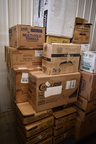 PALLET LOT of 36 BRAND NEW! Boxes Including 7 Box 795KFTL2PE Choice 2 oz. Round PET Take-Out Lid - 1000/Case, 129MCS16B Choice 16 oz. Black 8" x 5 1/4" x 1 1/2" Rectangular Microwavable Heavy Weight Container with Lid - 150/Case, 128HDLDBULK ChoiceHD Microwavable Translucent Plastic Deli Container Lid - 480/Case, 2 Box 5002CPTE Lavex 2-Ply White Center Pull Economy Paper Towel 510' Roll - 6/Case, 500MFTN Lavex Natural Brown Kraft M-Fold (Multifold) Towel - 4000/Case, 2 Box S6SW Spoons, CHoice #4 Paper Food Containers, 612SL65LARGE ChoiceHD Smoothwall Silver Large Oblong Foil Entree / Take-Out Pan with Dome Lid 65.6 oz. - 50/Case, 2 Box 500CFT Lavex White C-Fold Standard Weight Towel - 2400/Case, 5001BNAP Choice 1-Ply White Beverage / Cocktail Napkin - 4000/Case. 36 Times Your Bid!