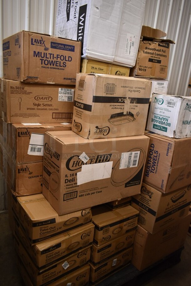 PALLET LOT of 36 BRAND NEW! Boxes Including 7 Box 795KFTL2PE Choice 2 oz. Round PET Take-Out Lid - 1000/Case, 129MCS16B Choice 16 oz. Black 8" x 5 1/4" x 1 1/2" Rectangular Microwavable Heavy Weight Container with Lid - 150/Case, 128HDLDBULK ChoiceHD Microwavable Translucent Plastic Deli Container Lid - 480/Case, 2 Box 5002CPTE Lavex 2-Ply White Center Pull Economy Paper Towel 510' Roll - 6/Case, 500MFTN Lavex Natural Brown Kraft M-Fold (Multifold) Towel - 4000/Case, 2 Box S6SW Spoons, CHoice #4 Paper Food Containers, 612SL65LARGE ChoiceHD Smoothwall Silver Large Oblong Foil Entree / Take-Out Pan with Dome Lid 65.6 oz. - 50/Case, 2 Box 500CFT Lavex White C-Fold Standard Weight Towel - 2400/Case, 5001BNAP Choice 1-Ply White Beverage / Cocktail Napkin - 4000/Case. 36 Times Your Bid! - Image 2 of 12