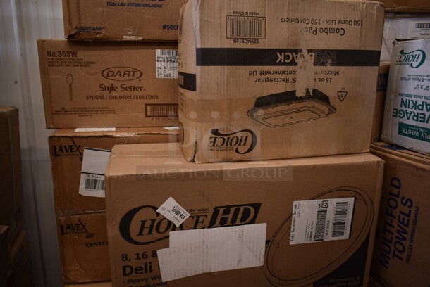 PALLET LOT of 36 BRAND NEW! Boxes Including 7 Box 795KFTL2PE Choice 2 oz. Round PET Take-Out Lid - 1000/Case, 129MCS16B Choice 16 oz. Black 8" x 5 1/4" x 1 1/2" Rectangular Microwavable Heavy Weight Container with Lid - 150/Case, 128HDLDBULK ChoiceHD Microwavable Translucent Plastic Deli Container Lid - 480/Case, 2 Box 5002CPTE Lavex 2-Ply White Center Pull Economy Paper Towel 510' Roll - 6/Case, 500MFTN Lavex Natural Brown Kraft M-Fold (Multifold) Towel - 4000/Case, 2 Box S6SW Spoons, CHoice #4 Paper Food Containers, 612SL65LARGE ChoiceHD Smoothwall Silver Large Oblong Foil Entree / Take-Out Pan with Dome Lid 65.6 oz. - 50/Case, 2 Box 500CFT Lavex White C-Fold Standard Weight Towel - 2400/Case, 5001BNAP Choice 1-Ply White Beverage / Cocktail Napkin - 4000/Case. 36 Times Your Bid! - Image 4 of 12