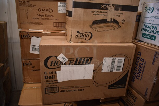 PALLET LOT of 36 BRAND NEW! Boxes Including 7 Box 795KFTL2PE Choice 2 oz. Round PET Take-Out Lid - 1000/Case, 129MCS16B Choice 16 oz. Black 8" x 5 1/4" x 1 1/2" Rectangular Microwavable Heavy Weight Container with Lid - 150/Case, 128HDLDBULK ChoiceHD Microwavable Translucent Plastic Deli Container Lid - 480/Case, 2 Box 5002CPTE Lavex 2-Ply White Center Pull Economy Paper Towel 510' Roll - 6/Case, 500MFTN Lavex Natural Brown Kraft M-Fold (Multifold) Towel - 4000/Case, 2 Box S6SW Spoons, CHoice #4 Paper Food Containers, 612SL65LARGE ChoiceHD Smoothwall Silver Large Oblong Foil Entree / Take-Out Pan with Dome Lid 65.6 oz. - 50/Case, 2 Box 500CFT Lavex White C-Fold Standard Weight Towel - 2400/Case, 5001BNAP Choice 1-Ply White Beverage / Cocktail Napkin - 4000/Case. 36 Times Your Bid! - Image 5 of 12