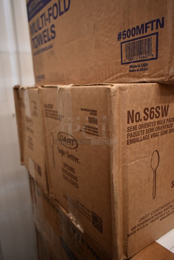 PALLET LOT of 36 BRAND NEW! Boxes Including 7 Box 795KFTL2PE Choice 2 oz. Round PET Take-Out Lid - 1000/Case, 129MCS16B Choice 16 oz. Black 8" x 5 1/4" x 1 1/2" Rectangular Microwavable Heavy Weight Container with Lid - 150/Case, 128HDLDBULK ChoiceHD Microwavable Translucent Plastic Deli Container Lid - 480/Case, 2 Box 5002CPTE Lavex 2-Ply White Center Pull Economy Paper Towel 510' Roll - 6/Case, 500MFTN Lavex Natural Brown Kraft M-Fold (Multifold) Towel - 4000/Case, 2 Box S6SW Spoons, CHoice #4 Paper Food Containers, 612SL65LARGE ChoiceHD Smoothwall Silver Large Oblong Foil Entree / Take-Out Pan with Dome Lid 65.6 oz. - 50/Case, 2 Box 500CFT Lavex White C-Fold Standard Weight Towel - 2400/Case, 5001BNAP Choice 1-Ply White Beverage / Cocktail Napkin - 4000/Case. 36 Times Your Bid! - Image 7 of 12