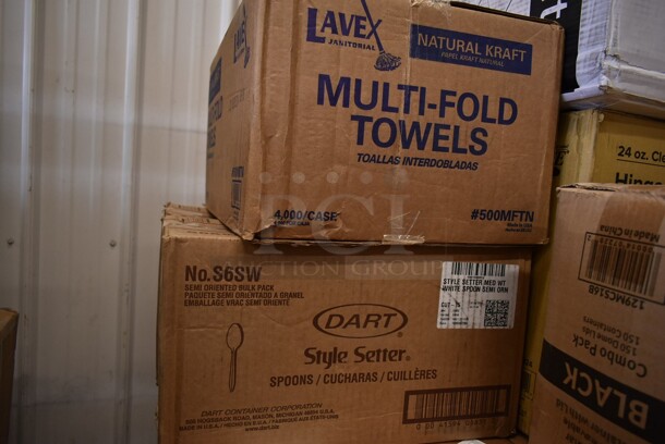 PALLET LOT of 36 BRAND NEW! Boxes Including 7 Box 795KFTL2PE Choice 2 oz. Round PET Take-Out Lid - 1000/Case, 129MCS16B Choice 16 oz. Black 8" x 5 1/4" x 1 1/2" Rectangular Microwavable Heavy Weight Container with Lid - 150/Case, 128HDLDBULK ChoiceHD Microwavable Translucent Plastic Deli Container Lid - 480/Case, 2 Box 5002CPTE Lavex 2-Ply White Center Pull Economy Paper Towel 510' Roll - 6/Case, 500MFTN Lavex Natural Brown Kraft M-Fold (Multifold) Towel - 4000/Case, 2 Box S6SW Spoons, CHoice #4 Paper Food Containers, 612SL65LARGE ChoiceHD Smoothwall Silver Large Oblong Foil Entree / Take-Out Pan with Dome Lid 65.6 oz. - 50/Case, 2 Box 500CFT Lavex White C-Fold Standard Weight Towel - 2400/Case, 5001BNAP Choice 1-Ply White Beverage / Cocktail Napkin - 4000/Case. 36 Times Your Bid! - Image 8 of 12