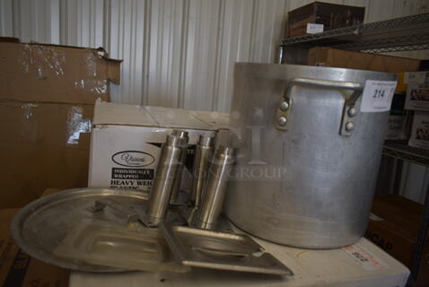 ALL ONE MONEY! Lot of Metal Stock Pot w/ Lid, Legs and 1/6 Size Drop In Bin Lid