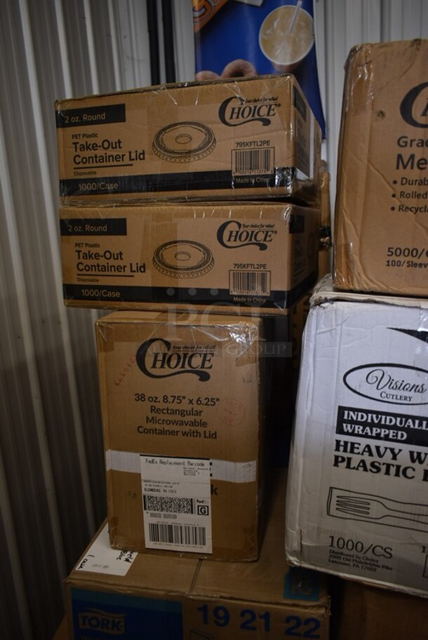 PALLET LOT of 32 BRAND NEW! Boxes Including 2 Box 130HCUTFWR Visions Individually Wrapped White Heavy Weight Plastic Fork - 1000/Case, 2 Box 795KFTL2PE Choice 2 oz. Round PET Take-Out Lid - 1000/Case, Tork 19212 Windshield Paper Towel, 3493030ANT Antique 30"x30" Tabletop, 522ETSG2424 Steelton 24" x 24" 18 Gauge 430 Stainless Steel Work Table with Undershelf, Southern Champion 2790 4 Cup Kraft Pop-Up 44 oz. Drink Carrier - 250/Case, 2 Box 130HCUTFWR Visions Individually Wrapped White Heavy Weight Plastic Fork - 1000/Case, 346MEDCUP1Z Choice 1 oz. Disposable Polypropylene Graduated Medicine Cup - 5000/Case, 3 Box 795KFTL2PE Choice 2 oz. Round PET Take-Out Lid - 1000/Case, 427FCRVINWHT Lancaster Table & Seating White Resin Folding Chair with Vinyl Seat, 433QLINER Baker's Mark Full Size Quilon® Coated Parchment Paper Bun / Sheet Pan Liner Sheet 16" x 24" - 1000/Case, 500MFTN Lavex Natural Brown Kraft M-Fold (Multifold) Towel - 4000/Case, 750FW815DJ Waterloo Wall-Mounted Faucet with 8" Centers and 15" Double-Jointed Swing Spout, 600SPL2028LR Regency 15" High Stainless Steel Three-Sided Splash for 28" x 20" Mop Sink, 395RP10C EcoChoice Compostable Sugarcane / Bagasse 10" Plate 3 Compartment - 500/Case, 5008RIPKRFT EcoChoice 8 oz. Squat Double Wall Kraft Compostable Paper Hot Cup - 500/Case. 32 Times Your Bid! - Image 2 of 12