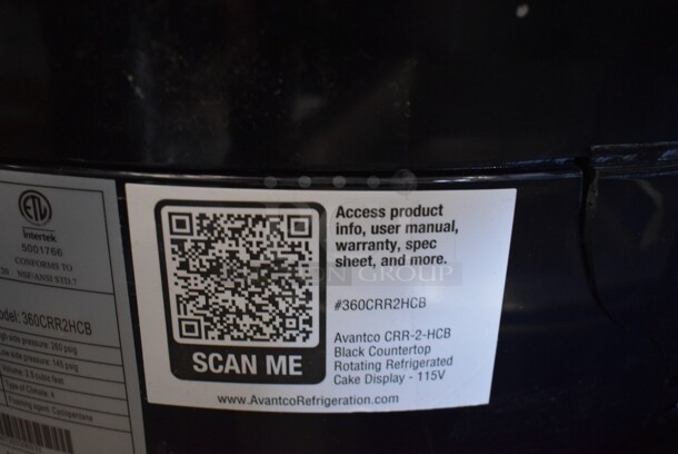 BRAND NEW SCRATCH AND DENT! Avantco 360CRR2HCB Black Countertop Rotating Refrigerated Cake Display Merchandiser. 110-120 Volts, 1 Phase. Tested and Powers On But Does Not Get Cold
 - Image 7 of 7