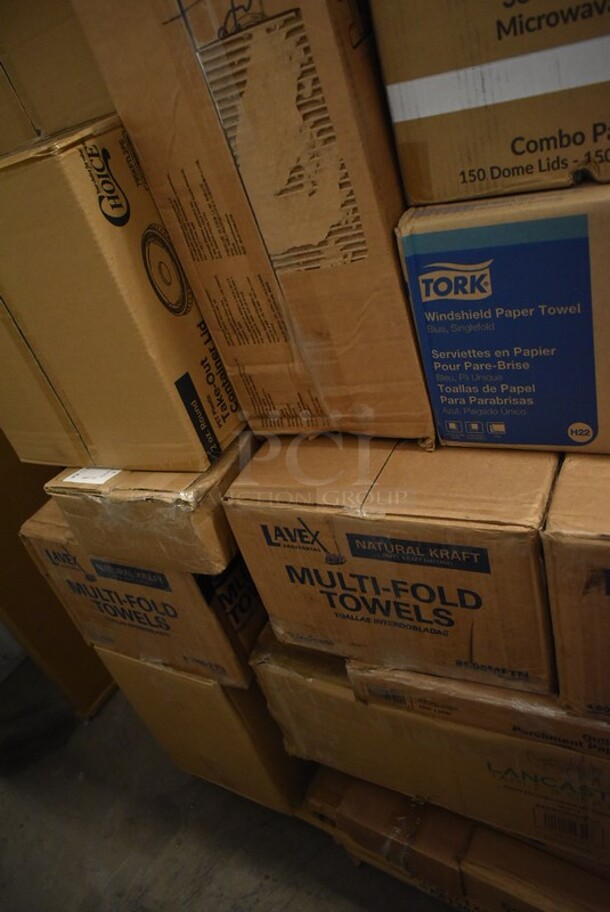 PALLET LOT of 32 BRAND NEW! Boxes Including 2 Box 130HCUTFWR Visions Individually Wrapped White Heavy Weight Plastic Fork - 1000/Case, 2 Box 795KFTL2PE Choice 2 oz. Round PET Take-Out Lid - 1000/Case, Tork 19212 Windshield Paper Towel, 3493030ANT Antique 30"x30" Tabletop, 522ETSG2424 Steelton 24" x 24" 18 Gauge 430 Stainless Steel Work Table with Undershelf, Southern Champion 2790 4 Cup Kraft Pop-Up 44 oz. Drink Carrier - 250/Case, 2 Box 130HCUTFWR Visions Individually Wrapped White Heavy Weight Plastic Fork - 1000/Case, 346MEDCUP1Z Choice 1 oz. Disposable Polypropylene Graduated Medicine Cup - 5000/Case, 3 Box 795KFTL2PE Choice 2 oz. Round PET Take-Out Lid - 1000/Case, 427FCRVINWHT Lancaster Table & Seating White Resin Folding Chair with Vinyl Seat, 433QLINER Baker's Mark Full Size Quilon® Coated Parchment Paper Bun / Sheet Pan Liner Sheet 16" x 24" - 1000/Case, 500MFTN Lavex Natural Brown Kraft M-Fold (Multifold) Towel - 4000/Case, 750FW815DJ Waterloo Wall-Mounted Faucet with 8" Centers and 15" Double-Jointed Swing Spout, 600SPL2028LR Regency 15" High Stainless Steel Three-Sided Splash for 28" x 20" Mop Sink, 395RP10C EcoChoice Compostable Sugarcane / Bagasse 10" Plate 3 Compartment - 500/Case, 5008RIPKRFT EcoChoice 8 oz. Squat Double Wall Kraft Compostable Paper Hot Cup - 500/Case. 32 Times Your Bid! - Image 7 of 12