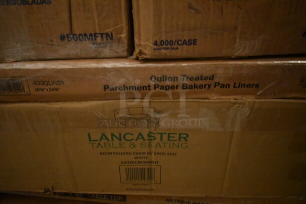 PALLET LOT of 32 BRAND NEW! Boxes Including 2 Box 130HCUTFWR Visions Individually Wrapped White Heavy Weight Plastic Fork - 1000/Case, 2 Box 795KFTL2PE Choice 2 oz. Round PET Take-Out Lid - 1000/Case, Tork 19212 Windshield Paper Towel, 3493030ANT Antique 30"x30" Tabletop, 522ETSG2424 Steelton 24" x 24" 18 Gauge 430 Stainless Steel Work Table with Undershelf, Southern Champion 2790 4 Cup Kraft Pop-Up 44 oz. Drink Carrier - 250/Case, 2 Box 130HCUTFWR Visions Individually Wrapped White Heavy Weight Plastic Fork - 1000/Case, 346MEDCUP1Z Choice 1 oz. Disposable Polypropylene Graduated Medicine Cup - 5000/Case, 3 Box 795KFTL2PE Choice 2 oz. Round PET Take-Out Lid - 1000/Case, 427FCRVINWHT Lancaster Table & Seating White Resin Folding Chair with Vinyl Seat, 433QLINER Baker's Mark Full Size Quilon® Coated Parchment Paper Bun / Sheet Pan Liner Sheet 16" x 24" - 1000/Case, 500MFTN Lavex Natural Brown Kraft M-Fold (Multifold) Towel - 4000/Case, 750FW815DJ Waterloo Wall-Mounted Faucet with 8" Centers and 15" Double-Jointed Swing Spout, 600SPL2028LR Regency 15" High Stainless Steel Three-Sided Splash for 28" x 20" Mop Sink, 395RP10C EcoChoice Compostable Sugarcane / Bagasse 10" Plate 3 Compartment - 500/Case, 5008RIPKRFT EcoChoice 8 oz. Squat Double Wall Kraft Compostable Paper Hot Cup - 500/Case. 32 Times Your Bid! - Image 9 of 12