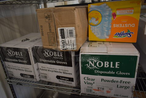 5 Box of BRAND NEW SCRATCH AND DENT! Boxes of 2 Noble 394345L Large Gloves, Noble Large Gloves, Lavex 5014046XXH Contractor Bags, Swiffer 63299036 Cleaner Refills Unscented - 18/Box. 5 Times Your Bid!