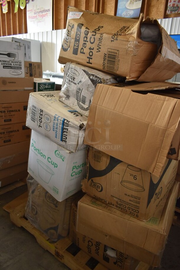 PALLET LOT of 20 BRAND NEW IN BOX! Boxes Including 127P400C 4 oz. Clear Plastic Souffle Cup / Portion Cup - 2500/Case, 5320-L Fineline 5320-L Super Bowl Clear PET Plastic Dome Lid for 320 oz. Bowls - 25/Case, 2 Choice Dome Lids, 50016W Choice 16 oz. White Poly Paper Hot Cup - 1000/Case, Visions 10" Round Plastic Plates, 500L1020B Choice 16 oz. White Poly Paper Hot Cup - 1000/Case, 500CC9 Choice 9 oz. Clear PET Customizable Plastic Squat Cold Cup - 1000/Case, 760SOUP8KFT EcoChoice 8 oz. Kraft Paper Food Cup with Vented Lid - 250/Case, 4 Box 485UPJ7MIX EcoChoice 7 3/4" Assorted Stripe Jumbo Unwrapped Paper Straw - 4800/Case, 129MCS16B Choice 16 oz. Black 8" x 5 1/4" x 1 1/2" Rectangular Microwavable Heavy Weight Container with Lid - 150/Case, DD18C Regency 8" x 18" Chrome Wire Shelf Divider, Acopa 14" x 6 1/4" Rectangular Bright White Porcelain Flat Plate - 6/Case. 20 Times Your Bid! - Image 1 of 10