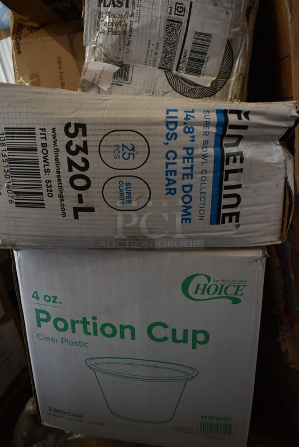 PALLET LOT of 20 BRAND NEW IN BOX! Boxes Including 127P400C 4 oz. Clear Plastic Souffle Cup / Portion Cup - 2500/Case, 5320-L Fineline 5320-L Super Bowl Clear PET Plastic Dome Lid for 320 oz. Bowls - 25/Case, 2 Choice Dome Lids, 50016W Choice 16 oz. White Poly Paper Hot Cup - 1000/Case, Visions 10" Round Plastic Plates, 500L1020B Choice 16 oz. White Poly Paper Hot Cup - 1000/Case, 500CC9 Choice 9 oz. Clear PET Customizable Plastic Squat Cold Cup - 1000/Case, 760SOUP8KFT EcoChoice 8 oz. Kraft Paper Food Cup with Vented Lid - 250/Case, 4 Box 485UPJ7MIX EcoChoice 7 3/4" Assorted Stripe Jumbo Unwrapped Paper Straw - 4800/Case, 129MCS16B Choice 16 oz. Black 8" x 5 1/4" x 1 1/2" Rectangular Microwavable Heavy Weight Container with Lid - 150/Case, DD18C Regency 8" x 18" Chrome Wire Shelf Divider, Acopa 14" x 6 1/4" Rectangular Bright White Porcelain Flat Plate - 6/Case. 20 Times Your Bid! - Image 2 of 10