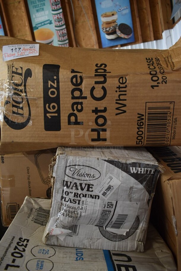 PALLET LOT of 20 BRAND NEW IN BOX! Boxes Including 127P400C 4 oz. Clear Plastic Souffle Cup / Portion Cup - 2500/Case, 5320-L Fineline 5320-L Super Bowl Clear PET Plastic Dome Lid for 320 oz. Bowls - 25/Case, 2 Choice Dome Lids, 50016W Choice 16 oz. White Poly Paper Hot Cup - 1000/Case, Visions 10" Round Plastic Plates, 500L1020B Choice 16 oz. White Poly Paper Hot Cup - 1000/Case, 500CC9 Choice 9 oz. Clear PET Customizable Plastic Squat Cold Cup - 1000/Case, 760SOUP8KFT EcoChoice 8 oz. Kraft Paper Food Cup with Vented Lid - 250/Case, 4 Box 485UPJ7MIX EcoChoice 7 3/4" Assorted Stripe Jumbo Unwrapped Paper Straw - 4800/Case, 129MCS16B Choice 16 oz. Black 8" x 5 1/4" x 1 1/2" Rectangular Microwavable Heavy Weight Container with Lid - 150/Case, DD18C Regency 8" x 18" Chrome Wire Shelf Divider, Acopa 14" x 6 1/4" Rectangular Bright White Porcelain Flat Plate - 6/Case. 20 Times Your Bid! - Image 4 of 10