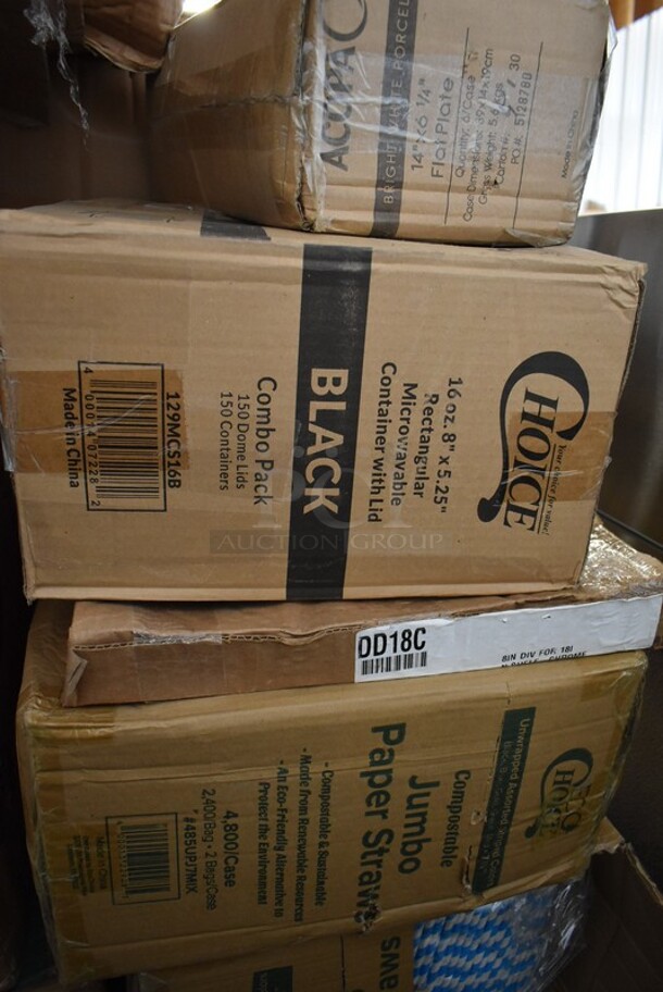PALLET LOT of 20 BRAND NEW IN BOX! Boxes Including 127P400C 4 oz. Clear Plastic Souffle Cup / Portion Cup - 2500/Case, 5320-L Fineline 5320-L Super Bowl Clear PET Plastic Dome Lid for 320 oz. Bowls - 25/Case, 2 Choice Dome Lids, 50016W Choice 16 oz. White Poly Paper Hot Cup - 1000/Case, Visions 10" Round Plastic Plates, 500L1020B Choice 16 oz. White Poly Paper Hot Cup - 1000/Case, 500CC9 Choice 9 oz. Clear PET Customizable Plastic Squat Cold Cup - 1000/Case, 760SOUP8KFT EcoChoice 8 oz. Kraft Paper Food Cup with Vented Lid - 250/Case, 4 Box 485UPJ7MIX EcoChoice 7 3/4" Assorted Stripe Jumbo Unwrapped Paper Straw - 4800/Case, 129MCS16B Choice 16 oz. Black 8" x 5 1/4" x 1 1/2" Rectangular Microwavable Heavy Weight Container with Lid - 150/Case, DD18C Regency 8" x 18" Chrome Wire Shelf Divider, Acopa 14" x 6 1/4" Rectangular Bright White Porcelain Flat Plate - 6/Case. 20 Times Your Bid! - Image 10 of 10