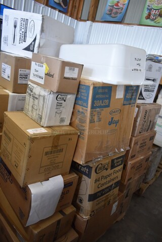 PALLET LOT of 28 BRAND NEW IN BOX! Boxes Including 130HBKCUTFW Visions Individually Wrapped Black Heavy Weight Plastic Fork - 1000/Case, 259FLTFP70 Fryclone Fryer Oil Particle Filter for Fryclone 70 lb. Oil Filter Systems - 100/Box, 
76A7075100002 Colony Pro 1.2 GPM Deck-Mount Lavatory Faucet with Single Lever Control and Metal Pop-Up Drain, 485RPS1M Choice Pizza Box Stack / Pizza Saver - 1000/Case, 500MFTN Lavex Natural Brown Kraft M-Fold (Multifold) Towel - 4000/Case, Tuxton China GGC-023 Platter, 2 Box Tuxton GGO-652 TuxTrendz Artisan Geode Olive 12" x 9 3/4" China Ellipse Plate - 12/Case, 129MCR24B Choice 24 oz. Black Round Microwavable Heavy Weight Container with Lid 7 1/4" - 150/Case, 128HDLDBULK ChoiceHD Microwavable Translucent Plastic Deli Container Lid - 480/Case, 795PTOKFT4 Choice Kraft Microwavable Folded Paper #4 Take-Out Container 7 7/8" x 5 1/2" x 3 1/2" - 160/Case, Dart J Cup 30 oz Cups, Henny Penny 15716 Breading Lug, 128HD12COMBO ChoiceHD 12 oz. Microwavable Translucent Plastic Deli Container and Lid Combo Pack - 240/Case, 128HD8BULK Choice 24 oz. Black Round Microwavable Heavy Weight Container with Lid 7 1/4" - 150/Case, 2 Box 5001RT1000N Lavex 8" Natural Kraft Hardwound Paper Towel, 1000 Feet / Roll - 6/Case, 130HBKCUTFW Visions Individually Wrapped Black Heavy Weight Plastic Fork - 1000/Case, 2 Box Tuxton GGE-023 TuxTrendz Artisan Geode Azure 13 1/4" x 11" China Platter - 12/Case, Noble 394365L Noble Products Powder-Free Disposable Vinyl Gloves for Foodservice - 1000/Case, 612POB225LB Choice Oblong Clear Plastic Dome Lid for 2.25 lb. & 1.5 lb. Shallow Foil Take-Out Container - 500/Case.
28 Times Your Bid!