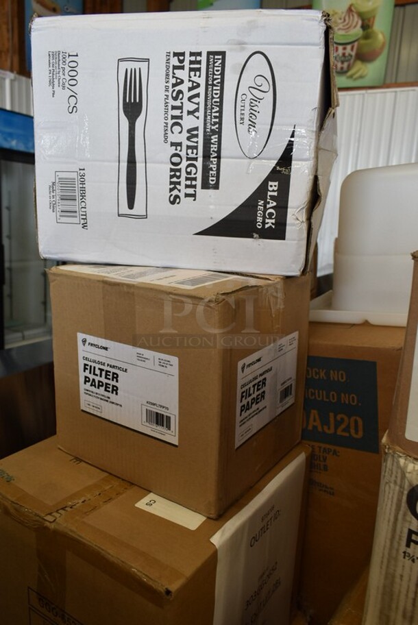 PALLET LOT of 28 BRAND NEW IN BOX! Boxes Including 130HBKCUTFW Visions Individually Wrapped Black Heavy Weight Plastic Fork - 1000/Case, 259FLTFP70 Fryclone Fryer Oil Particle Filter for Fryclone 70 lb. Oil Filter Systems - 100/Box, 
76A7075100002 Colony Pro 1.2 GPM Deck-Mount Lavatory Faucet with Single Lever Control and Metal Pop-Up Drain, 485RPS1M Choice Pizza Box Stack / Pizza Saver - 1000/Case, 500MFTN Lavex Natural Brown Kraft M-Fold (Multifold) Towel - 4000/Case, Tuxton China GGC-023 Platter, 2 Box Tuxton GGO-652 TuxTrendz Artisan Geode Olive 12" x 9 3/4" China Ellipse Plate - 12/Case, 129MCR24B Choice 24 oz. Black Round Microwavable Heavy Weight Container with Lid 7 1/4" - 150/Case, 128HDLDBULK ChoiceHD Microwavable Translucent Plastic Deli Container Lid - 480/Case, 795PTOKFT4 Choice Kraft Microwavable Folded Paper #4 Take-Out Container 7 7/8" x 5 1/2" x 3 1/2" - 160/Case, Dart J Cup 30 oz Cups, Henny Penny 15716 Breading Lug, 128HD12COMBO ChoiceHD 12 oz. Microwavable Translucent Plastic Deli Container and Lid Combo Pack - 240/Case, 128HD8BULK Choice 24 oz. Black Round Microwavable Heavy Weight Container with Lid 7 1/4" - 150/Case, 2 Box 5001RT1000N Lavex 8" Natural Kraft Hardwound Paper Towel, 1000 Feet / Roll - 6/Case, 130HBKCUTFW Visions Individually Wrapped Black Heavy Weight Plastic Fork - 1000/Case, 2 Box Tuxton GGE-023 TuxTrendz Artisan Geode Azure 13 1/4" x 11" China Platter - 12/Case, Noble 394365L Noble Products Powder-Free Disposable Vinyl Gloves for Foodservice - 1000/Case, 612POB225LB Choice Oblong Clear Plastic Dome Lid for 2.25 lb. & 1.5 lb. Shallow Foil Take-Out Container - 500/Case.
28 Times Your Bid! - Image 2 of 12