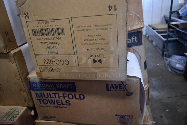 PALLET LOT of 28 BRAND NEW IN BOX! Boxes Including 130HBKCUTFW Visions Individually Wrapped Black Heavy Weight Plastic Fork - 1000/Case, 259FLTFP70 Fryclone Fryer Oil Particle Filter for Fryclone 70 lb. Oil Filter Systems - 100/Box, 
76A7075100002 Colony Pro 1.2 GPM Deck-Mount Lavatory Faucet with Single Lever Control and Metal Pop-Up Drain, 485RPS1M Choice Pizza Box Stack / Pizza Saver - 1000/Case, 500MFTN Lavex Natural Brown Kraft M-Fold (Multifold) Towel - 4000/Case, Tuxton China GGC-023 Platter, 2 Box Tuxton GGO-652 TuxTrendz Artisan Geode Olive 12" x 9 3/4" China Ellipse Plate - 12/Case, 129MCR24B Choice 24 oz. Black Round Microwavable Heavy Weight Container with Lid 7 1/4" - 150/Case, 128HDLDBULK ChoiceHD Microwavable Translucent Plastic Deli Container Lid - 480/Case, 795PTOKFT4 Choice Kraft Microwavable Folded Paper #4 Take-Out Container 7 7/8" x 5 1/2" x 3 1/2" - 160/Case, Dart J Cup 30 oz Cups, Henny Penny 15716 Breading Lug, 128HD12COMBO ChoiceHD 12 oz. Microwavable Translucent Plastic Deli Container and Lid Combo Pack - 240/Case, 128HD8BULK Choice 24 oz. Black Round Microwavable Heavy Weight Container with Lid 7 1/4" - 150/Case, 2 Box 5001RT1000N Lavex 8" Natural Kraft Hardwound Paper Towel, 1000 Feet / Roll - 6/Case, 130HBKCUTFW Visions Individually Wrapped Black Heavy Weight Plastic Fork - 1000/Case, 2 Box Tuxton GGE-023 TuxTrendz Artisan Geode Azure 13 1/4" x 11" China Platter - 12/Case, Noble 394365L Noble Products Powder-Free Disposable Vinyl Gloves for Foodservice - 1000/Case, 612POB225LB Choice Oblong Clear Plastic Dome Lid for 2.25 lb. & 1.5 lb. Shallow Foil Take-Out Container - 500/Case.
28 Times Your Bid! - Image 4 of 12