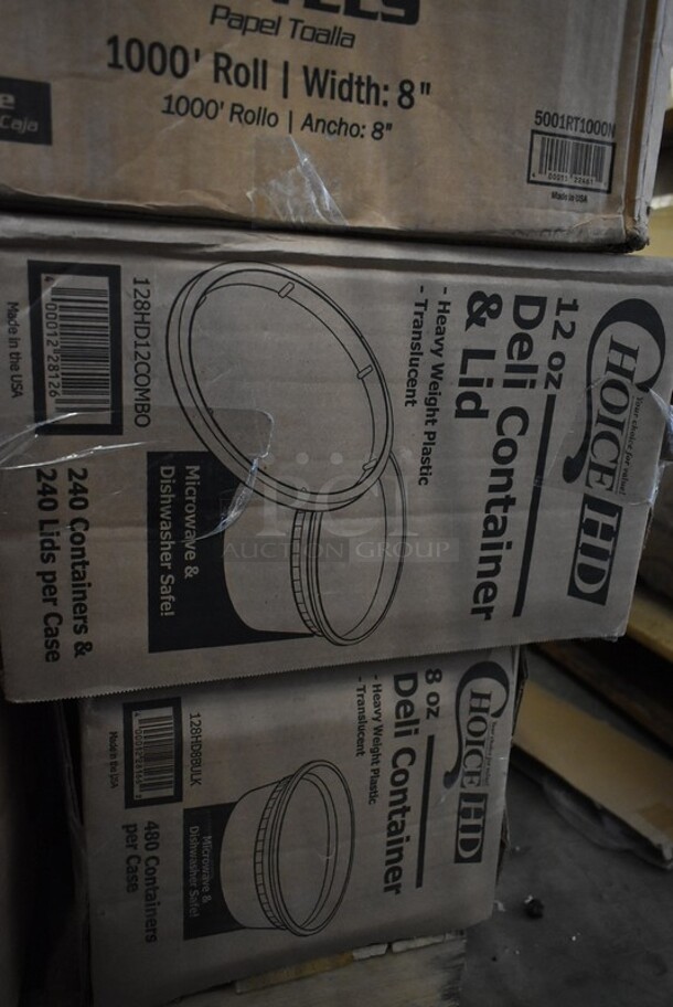 PALLET LOT of 28 BRAND NEW IN BOX! Boxes Including 130HBKCUTFW Visions Individually Wrapped Black Heavy Weight Plastic Fork - 1000/Case, 259FLTFP70 Fryclone Fryer Oil Particle Filter for Fryclone 70 lb. Oil Filter Systems - 100/Box, 
76A7075100002 Colony Pro 1.2 GPM Deck-Mount Lavatory Faucet with Single Lever Control and Metal Pop-Up Drain, 485RPS1M Choice Pizza Box Stack / Pizza Saver - 1000/Case, 500MFTN Lavex Natural Brown Kraft M-Fold (Multifold) Towel - 4000/Case, Tuxton China GGC-023 Platter, 2 Box Tuxton GGO-652 TuxTrendz Artisan Geode Olive 12" x 9 3/4" China Ellipse Plate - 12/Case, 129MCR24B Choice 24 oz. Black Round Microwavable Heavy Weight Container with Lid 7 1/4" - 150/Case, 128HDLDBULK ChoiceHD Microwavable Translucent Plastic Deli Container Lid - 480/Case, 795PTOKFT4 Choice Kraft Microwavable Folded Paper #4 Take-Out Container 7 7/8" x 5 1/2" x 3 1/2" - 160/Case, Dart J Cup 30 oz Cups, Henny Penny 15716 Breading Lug, 128HD12COMBO ChoiceHD 12 oz. Microwavable Translucent Plastic Deli Container and Lid Combo Pack - 240/Case, 128HD8BULK Choice 24 oz. Black Round Microwavable Heavy Weight Container with Lid 7 1/4" - 150/Case, 2 Box 5001RT1000N Lavex 8" Natural Kraft Hardwound Paper Towel, 1000 Feet / Roll - 6/Case, 130HBKCUTFW Visions Individually Wrapped Black Heavy Weight Plastic Fork - 1000/Case, 2 Box Tuxton GGE-023 TuxTrendz Artisan Geode Azure 13 1/4" x 11" China Platter - 12/Case, Noble 394365L Noble Products Powder-Free Disposable Vinyl Gloves for Foodservice - 1000/Case, 612POB225LB Choice Oblong Clear Plastic Dome Lid for 2.25 lb. & 1.5 lb. Shallow Foil Take-Out Container - 500/Case.
28 Times Your Bid! - Image 10 of 12