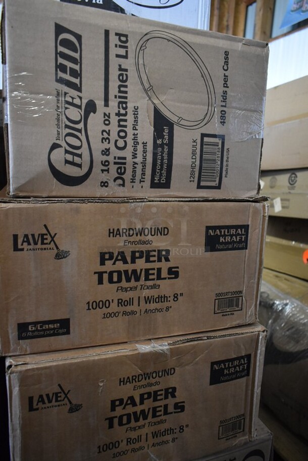 PALLET LOT of 28 BRAND NEW IN BOX! Boxes Including 130HBKCUTFW Visions Individually Wrapped Black Heavy Weight Plastic Fork - 1000/Case, 259FLTFP70 Fryclone Fryer Oil Particle Filter for Fryclone 70 lb. Oil Filter Systems - 100/Box, 
76A7075100002 Colony Pro 1.2 GPM Deck-Mount Lavatory Faucet with Single Lever Control and Metal Pop-Up Drain, 485RPS1M Choice Pizza Box Stack / Pizza Saver - 1000/Case, 500MFTN Lavex Natural Brown Kraft M-Fold (Multifold) Towel - 4000/Case, Tuxton China GGC-023 Platter, 2 Box Tuxton GGO-652 TuxTrendz Artisan Geode Olive 12" x 9 3/4" China Ellipse Plate - 12/Case, 129MCR24B Choice 24 oz. Black Round Microwavable Heavy Weight Container with Lid 7 1/4" - 150/Case, 128HDLDBULK ChoiceHD Microwavable Translucent Plastic Deli Container Lid - 480/Case, 795PTOKFT4 Choice Kraft Microwavable Folded Paper #4 Take-Out Container 7 7/8" x 5 1/2" x 3 1/2" - 160/Case, Dart J Cup 30 oz Cups, Henny Penny 15716 Breading Lug, 128HD12COMBO ChoiceHD 12 oz. Microwavable Translucent Plastic Deli Container and Lid Combo Pack - 240/Case, 128HD8BULK Choice 24 oz. Black Round Microwavable Heavy Weight Container with Lid 7 1/4" - 150/Case, 2 Box 5001RT1000N Lavex 8" Natural Kraft Hardwound Paper Towel, 1000 Feet / Roll - 6/Case, 130HBKCUTFW Visions Individually Wrapped Black Heavy Weight Plastic Fork - 1000/Case, 2 Box Tuxton GGE-023 TuxTrendz Artisan Geode Azure 13 1/4" x 11" China Platter - 12/Case, Noble 394365L Noble Products Powder-Free Disposable Vinyl Gloves for Foodservice - 1000/Case, 612POB225LB Choice Oblong Clear Plastic Dome Lid for 2.25 lb. & 1.5 lb. Shallow Foil Take-Out Container - 500/Case.
28 Times Your Bid! - Image 11 of 12