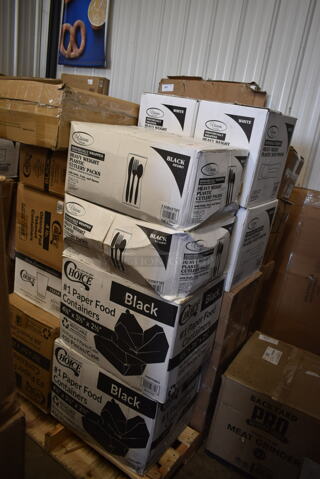 PALLET LOT of 23 BRAND NEW! Boxes Including 2 Box 795PTOBK1 Choice 4 5/8" x 3 1/2" x 2 1/2" Black Microwavable Folded Paper #1 Take-Out Container - 450/Case, 2 Box 130BKFSH Visions Wrapped Black Heavy Weight Plastic Cutlery Pack with Knife, Fork, and Spoon - 500/Case, 2 Box 130HCUTSSWR Visions Individually Wrapped White Heavy Weight Plastic Soup Spoon - 1000/Case, 3 Box 127RDTFLBULK Choice Microwavable Translucent Customizable Recessed Fit Deli Lid - 500/Case, 2 Box 129MCR24B Choice 24 oz. Black Round Microwavable Heavy Weight Container with Lid 7 1/4" - 150/Case, Vigor 24711422 Full Size 4" Deep Anti-Jam Stainless Steel Steam Table / Hotel Pan - 22 Gauge, 500CC16 Choice Clear PET Customizable Plastic Cold Cup - 16 oz. - 1000/Case, Lavex Natural Kraft Hardwound Towels, 795PTOKFT3 Choice Kraft Microwavable Folded Paper #3 Take-Out Container 7 3/4" x 5 1/2" x 2 1/2" - 200/Case, 347TCL10 Choice 10 oz. Clear Disposable Plastic Tumbler - 500/Case, 612OB4LB Choice 4 lb. Oblong Foil Take-Out Container - 250/Case, 475SP40SS Lavex 40" Stainless Steel Free Standing Smoker Pole and Base. 23 Times Your Bid! 