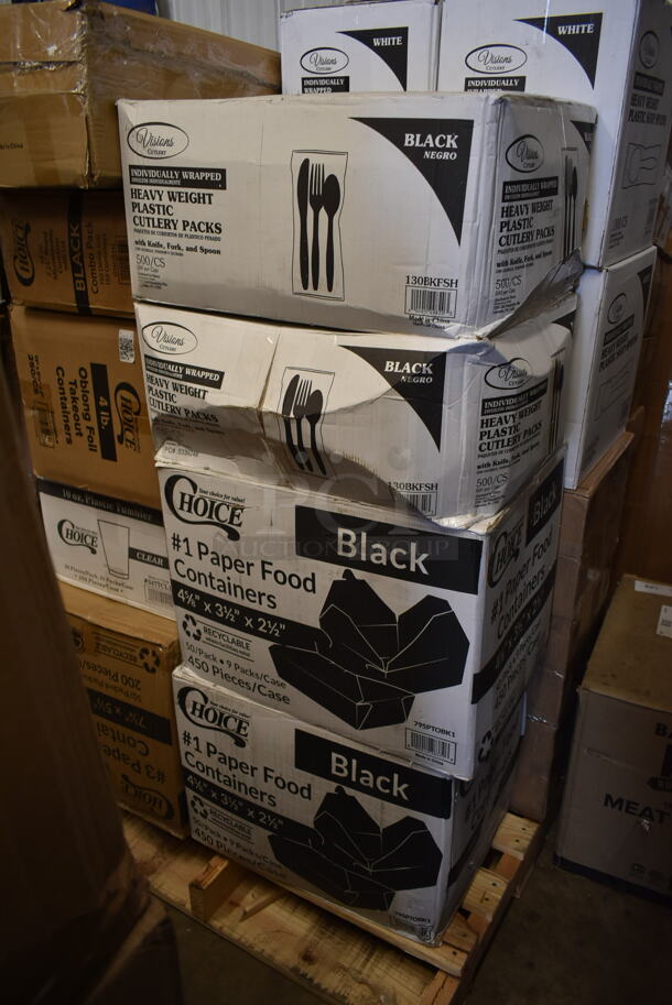 PALLET LOT of 23 BRAND NEW! Boxes Including 2 Box 795PTOBK1 Choice 4 5/8" x 3 1/2" x 2 1/2" Black Microwavable Folded Paper #1 Take-Out Container - 450/Case, 2 Box 130BKFSH Visions Wrapped Black Heavy Weight Plastic Cutlery Pack with Knife, Fork, and Spoon - 500/Case, 2 Box 130HCUTSSWR Visions Individually Wrapped White Heavy Weight Plastic Soup Spoon - 1000/Case, 3 Box 127RDTFLBULK Choice Microwavable Translucent Customizable Recessed Fit Deli Lid - 500/Case, 2 Box 129MCR24B Choice 24 oz. Black Round Microwavable Heavy Weight Container with Lid 7 1/4" - 150/Case, Vigor 24711422 Full Size 4" Deep Anti-Jam Stainless Steel Steam Table / Hotel Pan - 22 Gauge, 500CC16 Choice Clear PET Customizable Plastic Cold Cup - 16 oz. - 1000/Case, Lavex Natural Kraft Hardwound Towels, 795PTOKFT3 Choice Kraft Microwavable Folded Paper #3 Take-Out Container 7 3/4" x 5 1/2" x 2 1/2" - 200/Case, 347TCL10 Choice 10 oz. Clear Disposable Plastic Tumbler - 500/Case, 612OB4LB Choice 4 lb. Oblong Foil Take-Out Container - 250/Case, 475SP40SS Lavex 40" Stainless Steel Free Standing Smoker Pole and Base. 23 Times Your Bid!  - Image 2 of 10