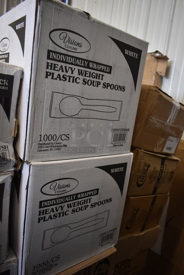 PALLET LOT of 23 BRAND NEW! Boxes Including 2 Box 795PTOBK1 Choice 4 5/8" x 3 1/2" x 2 1/2" Black Microwavable Folded Paper #1 Take-Out Container - 450/Case, 2 Box 130BKFSH Visions Wrapped Black Heavy Weight Plastic Cutlery Pack with Knife, Fork, and Spoon - 500/Case, 2 Box 130HCUTSSWR Visions Individually Wrapped White Heavy Weight Plastic Soup Spoon - 1000/Case, 3 Box 127RDTFLBULK Choice Microwavable Translucent Customizable Recessed Fit Deli Lid - 500/Case, 2 Box 129MCR24B Choice 24 oz. Black Round Microwavable Heavy Weight Container with Lid 7 1/4" - 150/Case, Vigor 24711422 Full Size 4" Deep Anti-Jam Stainless Steel Steam Table / Hotel Pan - 22 Gauge, 500CC16 Choice Clear PET Customizable Plastic Cold Cup - 16 oz. - 1000/Case, Lavex Natural Kraft Hardwound Towels, 795PTOKFT3 Choice Kraft Microwavable Folded Paper #3 Take-Out Container 7 3/4" x 5 1/2" x 2 1/2" - 200/Case, 347TCL10 Choice 10 oz. Clear Disposable Plastic Tumbler - 500/Case, 612OB4LB Choice 4 lb. Oblong Foil Take-Out Container - 250/Case, 475SP40SS Lavex 40" Stainless Steel Free Standing Smoker Pole and Base. 23 Times Your Bid!  - Image 3 of 10