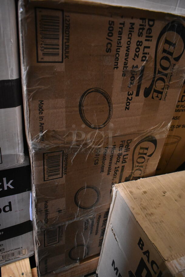 PALLET LOT of 23 BRAND NEW! Boxes Including 2 Box 795PTOBK1 Choice 4 5/8" x 3 1/2" x 2 1/2" Black Microwavable Folded Paper #1 Take-Out Container - 450/Case, 2 Box 130BKFSH Visions Wrapped Black Heavy Weight Plastic Cutlery Pack with Knife, Fork, and Spoon - 500/Case, 2 Box 130HCUTSSWR Visions Individually Wrapped White Heavy Weight Plastic Soup Spoon - 1000/Case, 3 Box 127RDTFLBULK Choice Microwavable Translucent Customizable Recessed Fit Deli Lid - 500/Case, 2 Box 129MCR24B Choice 24 oz. Black Round Microwavable Heavy Weight Container with Lid 7 1/4" - 150/Case, Vigor 24711422 Full Size 4" Deep Anti-Jam Stainless Steel Steam Table / Hotel Pan - 22 Gauge, 500CC16 Choice Clear PET Customizable Plastic Cold Cup - 16 oz. - 1000/Case, Lavex Natural Kraft Hardwound Towels, 795PTOKFT3 Choice Kraft Microwavable Folded Paper #3 Take-Out Container 7 3/4" x 5 1/2" x 2 1/2" - 200/Case, 347TCL10 Choice 10 oz. Clear Disposable Plastic Tumbler - 500/Case, 612OB4LB Choice 4 lb. Oblong Foil Take-Out Container - 250/Case, 475SP40SS Lavex 40" Stainless Steel Free Standing Smoker Pole and Base. 23 Times Your Bid!  - Image 4 of 10