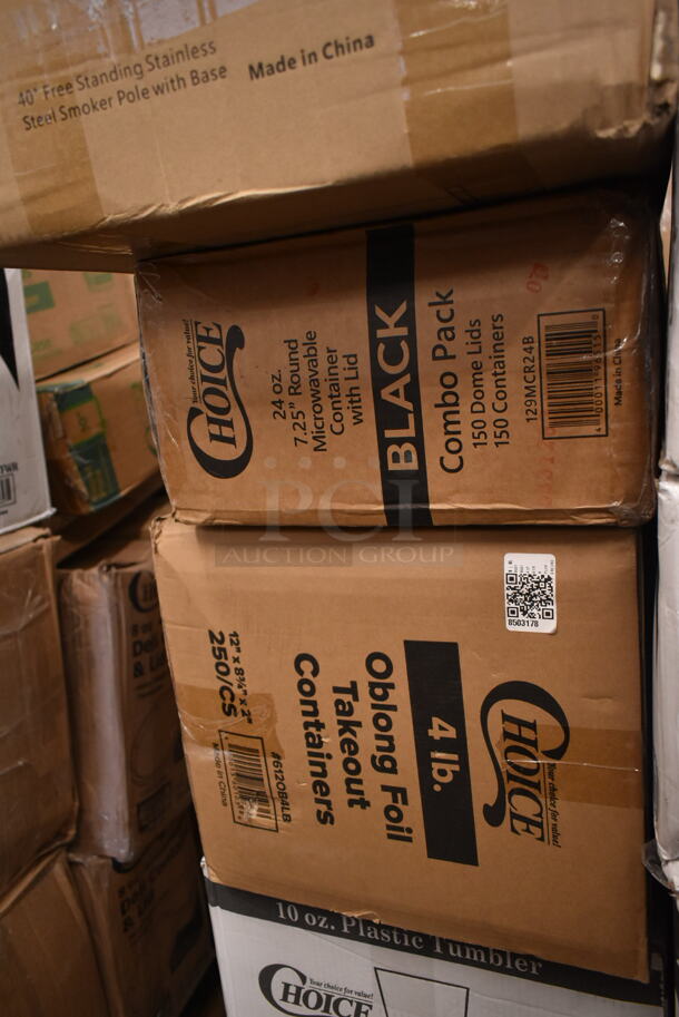 PALLET LOT of 23 BRAND NEW! Boxes Including 2 Box 795PTOBK1 Choice 4 5/8" x 3 1/2" x 2 1/2" Black Microwavable Folded Paper #1 Take-Out Container - 450/Case, 2 Box 130BKFSH Visions Wrapped Black Heavy Weight Plastic Cutlery Pack with Knife, Fork, and Spoon - 500/Case, 2 Box 130HCUTSSWR Visions Individually Wrapped White Heavy Weight Plastic Soup Spoon - 1000/Case, 3 Box 127RDTFLBULK Choice Microwavable Translucent Customizable Recessed Fit Deli Lid - 500/Case, 2 Box 129MCR24B Choice 24 oz. Black Round Microwavable Heavy Weight Container with Lid 7 1/4" - 150/Case, Vigor 24711422 Full Size 4" Deep Anti-Jam Stainless Steel Steam Table / Hotel Pan - 22 Gauge, 500CC16 Choice Clear PET Customizable Plastic Cold Cup - 16 oz. - 1000/Case, Lavex Natural Kraft Hardwound Towels, 795PTOKFT3 Choice Kraft Microwavable Folded Paper #3 Take-Out Container 7 3/4" x 5 1/2" x 2 1/2" - 200/Case, 347TCL10 Choice 10 oz. Clear Disposable Plastic Tumbler - 500/Case, 612OB4LB Choice 4 lb. Oblong Foil Take-Out Container - 250/Case, 475SP40SS Lavex 40" Stainless Steel Free Standing Smoker Pole and Base. 23 Times Your Bid!  - Image 8 of 10