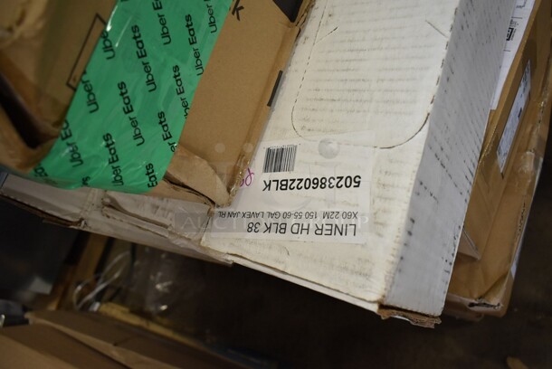 PALLET LOT of 34 BRAND NEW! Boxes Including 395RP09 EcoChoice Compostable Sugarcane / Bagasse 9" Plate - 500/Case, 130HBKCUTFW Visions Individually Wrapped Black Heavy Weight Plastic Fork - 1000/Case, 130HCLCUTFW Visions Individually Wrapped Clear Heavy Weight Plastic Fork - 1000/Case, 502386022BLK Lavex 55-60 Gallon 22 Micron 38" x 60" High Density Black Janitorial Can Liner / Trash Bag, Fryclone Filter Machine, 2 Box Fineline Platter Pleasers 3405-CL Disposable 35 oz. Clear Plastic Carafe with Lid, 21435CLRHPAM Cambro 35CLRHP150 H-Pan™ 1/3 Size Amber High Heat Plastic Colander Pan - 5" Deep, 2 Box 500LSTRWL Choice 9, 12, 16, 20, and 24 oz. Clear Strawless / Sip Lid - 1000/Case, 129MCS24B Choice 24 oz. Black Rectangular Microwavable Heavy Weight Container with Lid 8" x 5 1/4" x 2" - 150/Case, 2 Metal Fry Baskets, 17" Pad Holder Brush, 806DISCNP17. 34 Times Your Bid! - Image 4 of 12